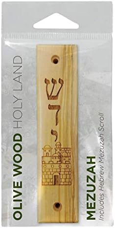 4 מזווזות עץ זית עם מגילות, מגוון מגוון בתפזורת מס '1, מיוצר בישראל, עיצוב ביתי דתי לדלת וקיר, כולל מגילת תפילה
