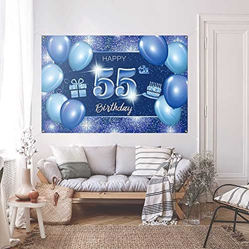 5665 שמח 55 יום הולדת רקע באנר דקור כחול-דוט נצנצים ניצוץ 55 שנים מסיבת יום הולדת נושא קישוטי עבור גברים נשים ספקי