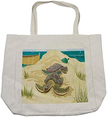 תיק קניות של צב אמבסון, איור של 2 צבי ים על בקבוק דשא סירות חוף קיץ חולי, תיק שימוש חוזר וידידותי לסביבה