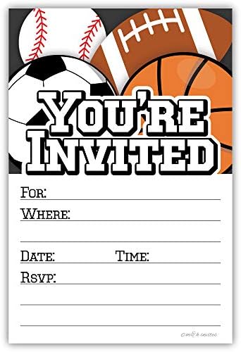 הזמנות למסיבת ספורט עם מעטפות-כדורגל, כדורגל, בייסבול וכדורסל