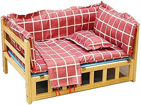 מיטת חיות מחמד של ZGWL כלב עץ/מיטת בית חתול, מיטת מחמד עץ אורן, כרית כותנה מקורה/חיצונית חיצונית נשלפת PP כרית