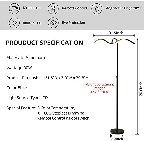 מנורת רצפת LED של Eidearay, 30W קריאה מודרנית מתכווננת גובה עמידה 3 צבעים ומנורת עמידה בהירות ללא צעד עם