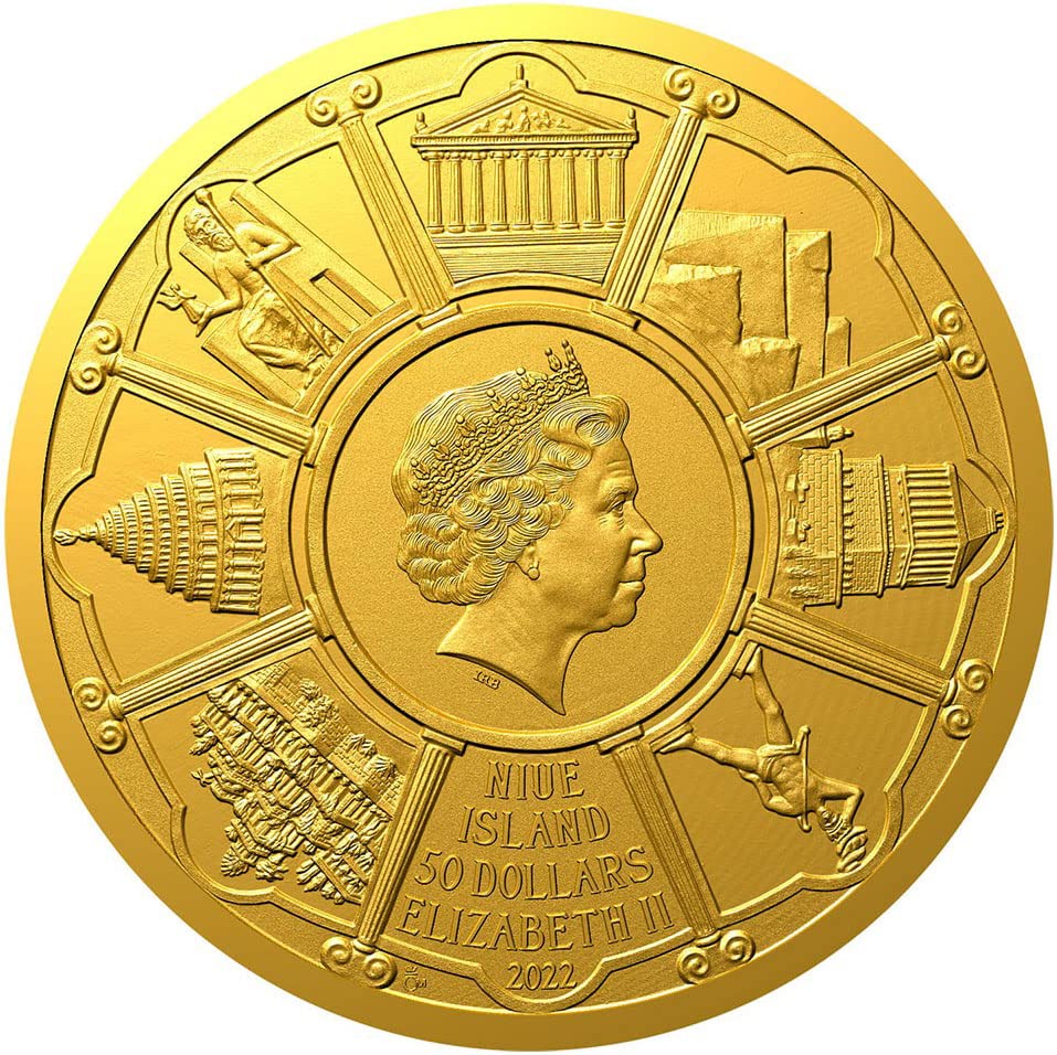 2022 DE Seven Floners Powercoin מקדש ארטמיס באפסוס של העולם העתיק 1 Oz מטבע זהב 50 $ niue 2022 הוכחה
