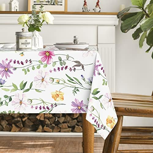 מפת שולחן אביב קיץ יומית 60 על 84 אינץ', צהוב לבן סגול דייזי פרחוני כיסוי שולחן לעיצוב ארוחת ערב פיקניק למסיבה