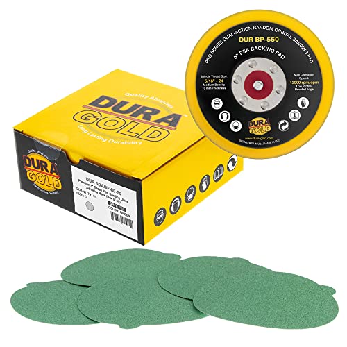 Dura -Gold 5 סרטים ירוקים PSA דיסקים מלטשים - 80 חצץ ו -5 פלט פלטת גיבוי PSA DA SANDER