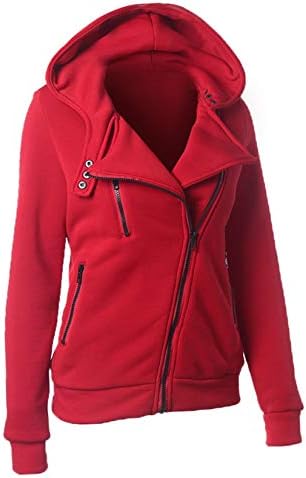 אופנה לנשים רוכסן קפוצ'ון סווטשירט שרוול ארוך שרוול ארוך מעיל מעיל מעיל מעיל סוודר רוכסן אלכסוני אדום