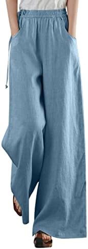 קיץ מזדמן כותנה פשתן מכנסיים לנשים בבאגי ישר רגל מכנסיים גבוהה מותן חוף מכנסיים עם כיסים קומפי מכנסיים