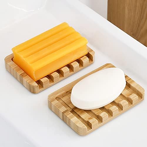 Heioe 2 חבילות צלחת סבון במבוק - מחזיק בר, כלים לחדר אמבטיה עם מגש מתנקז עצמי, יד מגש 2 יחידים כיור חיסכון,