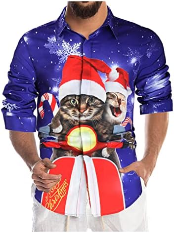חולצות חג מולד XXBR לגברים, מצחיק 3D חג המולד סנטה קלאוס חתול מודפס צמרות שרוול ארוך כפתור למטה חולצה