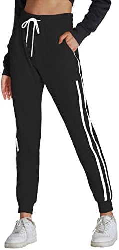 מכנסי ג'וג'רס כותנה של Puli לנשים עם כיסים, מכנסי טרנינג רך פסים רך רץ/ספורט מכנסי מסלול ריצה גבוה