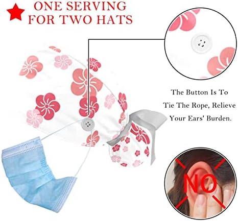 2 מחשבים אחות קרצוף כובעים נשים שיער ארוך, פריחת דובדבן יפנית ורודה כובע עבודה מתכוונן עם כפתור ורצועת זיעה