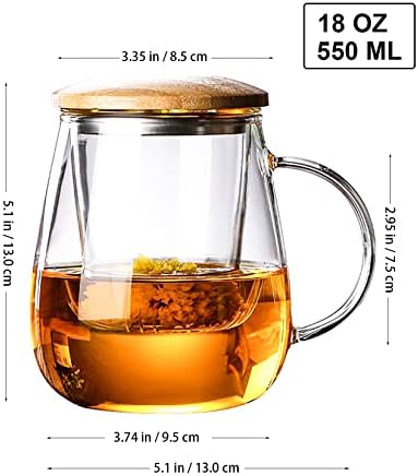 LPAIWXY 18 גרם ספלי תה זכוכית עם מכסי במבוק וסל אינפוז'ר 550 מל כוס תה כוס תה כוס לתה עלה רופף ספל סטול