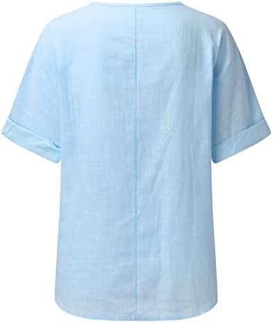נער נוער כחול בהיר חולצות בכושר רופף חולצות תחרה פשתן חולצות טופ חולצות לנשים שרוול קצר בסיסי
