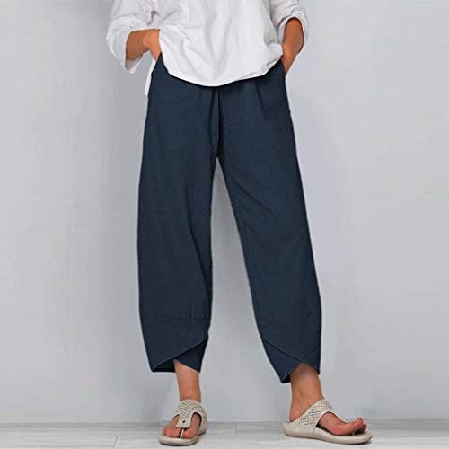 מכנסי כותנה של פשתן נשים, מכנסי טרקלין טהורים של קיץ טהור, מותניים גבוהים טרנדיים נוחים רגל רחבה
