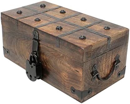 קופסת עץ חזה קופית ימי אוצר עם מנעול ברזל עתיק ומפתח שלד - אחסון ועיצוב