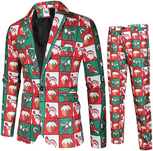 גברים Akimpe 2 חלקים לחג המולד תלבושות חליפה מודפסות, 1 PC צמרת ז'קט דו צמרות + 1 pc ארוכות מכנס אופנה מזדמן