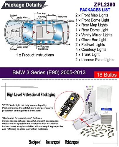 Ziyo ZPL2390 - ערכת אור פנים LED החלפת BMW E90 3 סדרה 2005-2013 + חבילת נורות לוחית רישוי, אורות כיפה