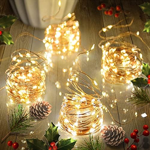 ג'אנצ'ס 4 חבילות אורות חג מולד המופעלים על סוללות, 50 אורות פיות מיני לבנים חמים, אורות מיתרי נחושת LED גמישים