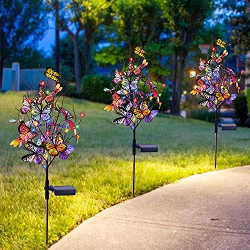 אורות גן פרפרים 2 מארז - חיצוני שמש מופעל גן המוקד אורות עם פרפרים ושפיריות, רב צבע אורות