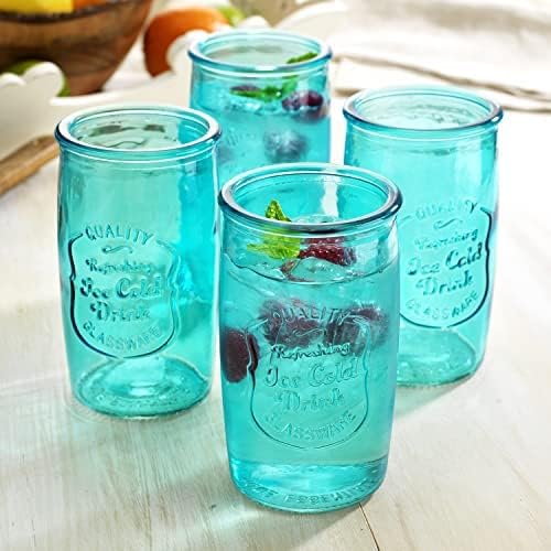 כוסות הייבול של גלבר סט כוסות שתייה כחולות קרות כקרח 4-20 אונקיות-כלי זכוכית וינטג 'עם לוגו מובלט-כוסות