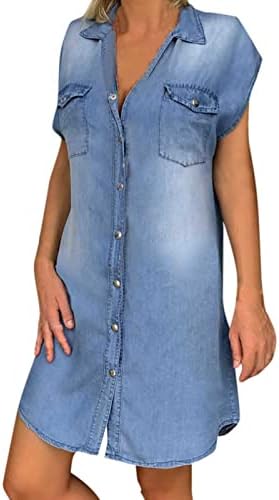 נשים ג 'ינס חולצה שמלות קיץ כפתור למטה קצר שרוול מיני שמלות צווארון טוניקת הנלי חולצה ז' אן שמלה עם כיסים