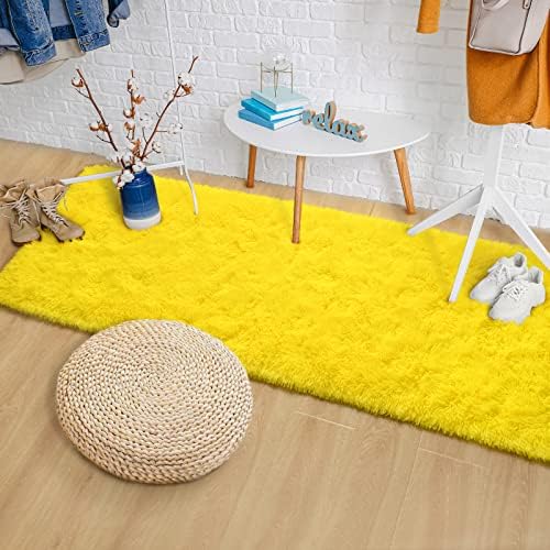 רץ שטיחים צהובים של קיקו, שטיחי רץ חמודים בגודל 2 על 6 רגל לחדר שינה, שטיח מיטה בערימה גבוהה לסלון, שטיחי