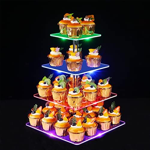 טנגשואו 4 שכבות מרובעות עוגות אקריליות עוגות עם אור LED נטען, מגדל קאפקייקס ברור - מגדל קינוח
