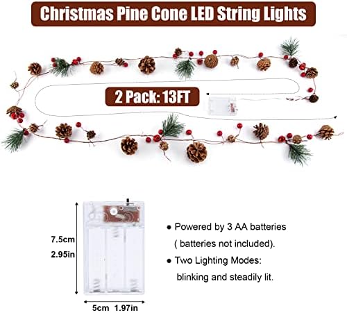 2 חבילות זר חג מולד, 6.56 רגל מיתר LED אור עם חרוטים אורן, פירות יער אדומים, פעמונים לעיצוב חג המולד מעטה