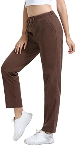 מכנסי קורדרוי לנשים של Cozziplus מותניים אלסטיים שרוך מכנסי טרנינג רגל ישר מושכת על מכנסי וינטג 'עם כיסים