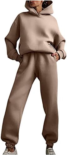 קפוצ'ונים של אוסיסט נשים צבע אחיד מזדמן שרוול ארוך שרוול רופף סווטשירטס סווטשירטים עם מכנסי טרנינג שני