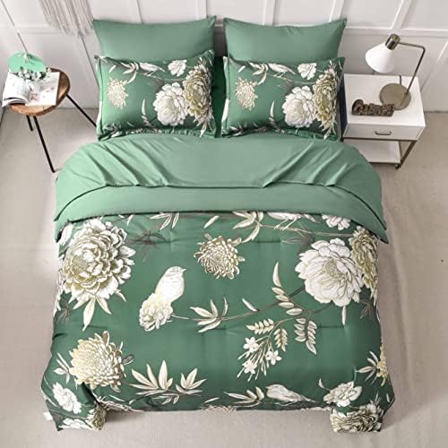 סט שמיכה פרחונית ירוקה, 7 חתיכות מיטה בתיק קווין שמיכה בגודל שמיכה מצעי קיץ ירוקה סט בוטני וציפורים שמיכת