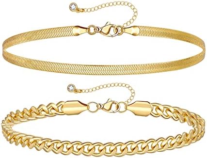 צמידי קרסול בשכבות זהב קיסיאן לנשים, צמידי קרסול שכבות בציפוי זהב 14 קראט סט מתכוונן אופנה קישור