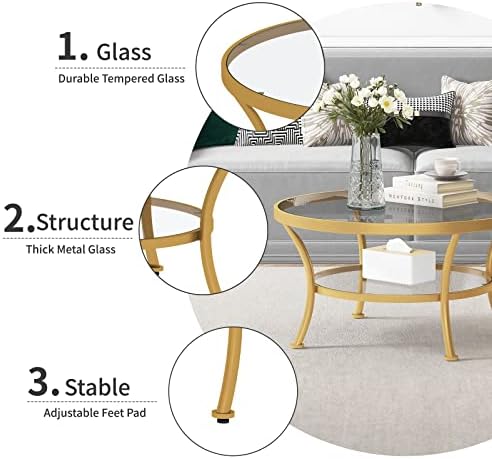 ריהוט מודרני עגול שולחן קפה עם אחסון, 2 קומות זכוכית למעלה שולחן קפה לסלון, זהב