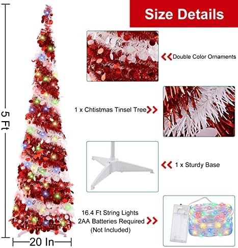 עץ חג המולד של 5 מטרים עם 50 אורות צבעוניים, עץ עיפרון מתקפל, טינסל אדום ולבן עץ חג המולד, קל להרכבה ולאחסן,