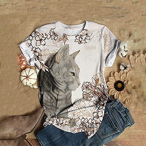 חולצת טריקו של שרוול קצר של נשים אופנה אופנה החתול חמוד הדפסת טי קרוס צווארון שרוול שרוול חולצה גרפית מזדמנת