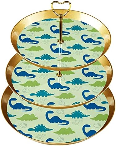 3 דוכן קאפקייקס שכבה עם מוט זהב מוט פלסטיק מגד מגדל קינוח כחול וירוק דפוס דינוזאור תבנית פירות תצוגת ממתקים לחתונה
