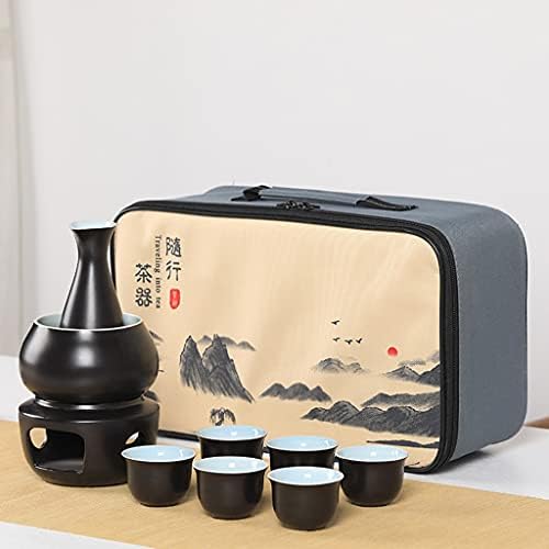 סט סאקה קרמיקה יפנית מסורתית עם 10 חתיכה חמה יותר כולל תנור 1 קערה מחממת 1 בקבוק סאקה 6 כוס + קופסת מתנה לאחסון