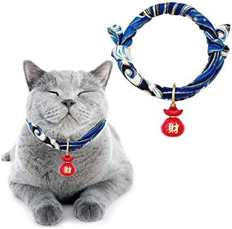 האקראו חתול צווארון עם פעמון, 1 חבילה כחול יפני סגנון גלים הדפסת לחיות מחמד צווארון מתכוונן חתול צווארון עם