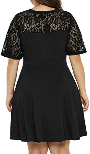 בתוספת גודל מזדמן שמלות שחורות גדולות עם תחרה קצרה אופנה מוצקה צווארון V נדנדה א-קו-קו שמלת שרוול פלוס שמלה