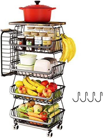 פירות סל למטבח 5 קומות, לגיבוב פירות ירקות אחסון סל עם עץ למעלה גלגלים, חוט סל עגלת שירות מתלה, ירקות סל פחי