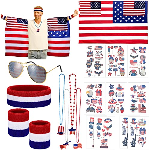 19 יחידות 4 יולי אמריקאי דגל תלבושות קייפ ארהב פטריוטית המפלגה לטובת משקפי שמש סרטי ראש וצמידים זמני