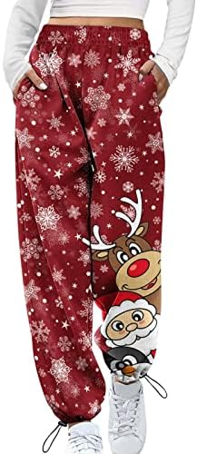 מכנסי טרנינג לחג המולד של נשים קשורים צבע אלסטי מותניים אלסטיים אתלטי רצים הדפס טרנדי סינץ 'תחתון
