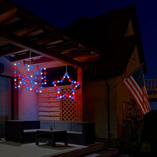 אורות חלון קפודה דגל אמריקאי ואורות קישוט כוכבים אורות עצמאות יום 8 מצבים אורות LED אדומים כחולים ליום הוותיקים