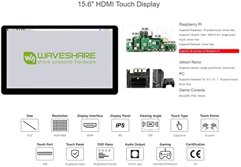 WAVESHARE 15.6 אינץ 'מסך מגע קיבולי LCD תואם לפטל PI 4B/3B+/3A+/2B/B+/A+/ZERO/ZERO W/WH/ZERO 2W CM3+/4
