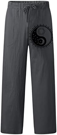 Gdjgta Mens אופנה מזדמנים מודפסים פשתן כיס תחרה למעלה מכנסיים בגודל גדול מכנסיים מטושטשים בית