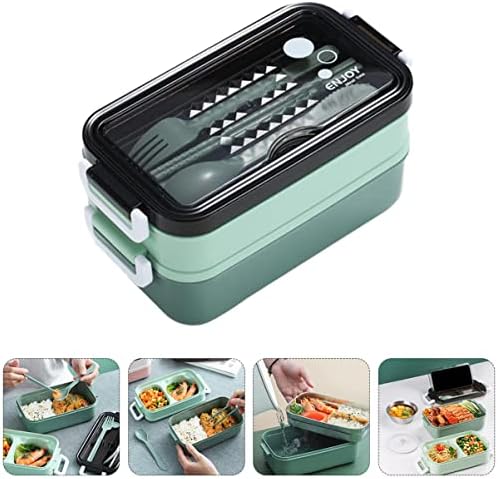 Upkoch Box פלדה כפולה- מכולות הוכחה ברורה בטוחה פנימית מזון נייד מכין מקלות אכילה ירוק