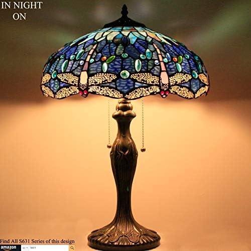 מנורת טיפאני ויטראז 'כחול בסגנון שפירית מנורת שולחן ליד המיטה 16 * 16 * 24 אינץ' קריאת שולחן אור בסיס