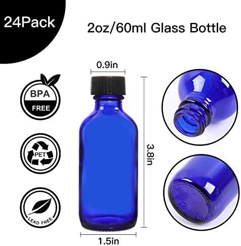 24 מארז 60 מיליליטר 2 עוז בקבוקי זכוכית כחולים עם מכסים, מחלק בקבוקי בוסטון עגולים לשמנים אתריים, רוטב