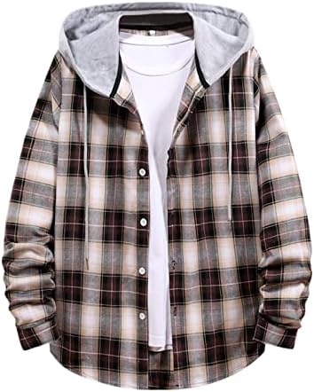 XZHDD משובץ מעילי ברדס חולצות לגברים, כפתור מסודר קפיצי מטה עם שרוול ארוך לבגדי חוץ רופפים חולצה