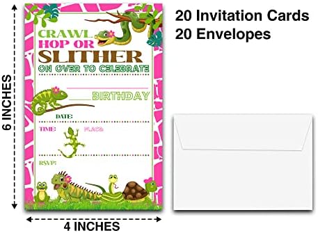 Detiho 4 x 6 נושא זוחלים כרטיסי הזמנה למסיבת יום הולדת עם מעטפות - צב נחש לטאה - מילוי הזמנה למסיבה בסגנון